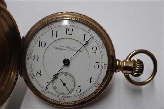 A 19th century engine turned gold plated Waltham hunter keyless pocket watch.